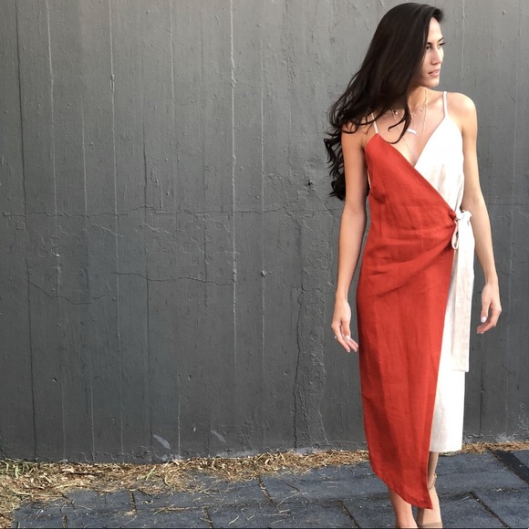 Midi Linen Wrap Dress (Beige and Orange) - Picture 1 of 3